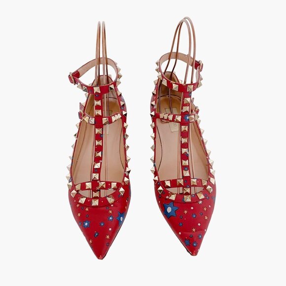 Valentino Garavani Rockstud Caged Flats EU 37.5 US 7.5 Red Stars Studded Ballet - Picture 2 of 13